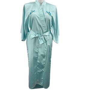 Vintage Water Silk Robe Size‎ 16 Blue Embroidered Butterfly Kimono Loungewear